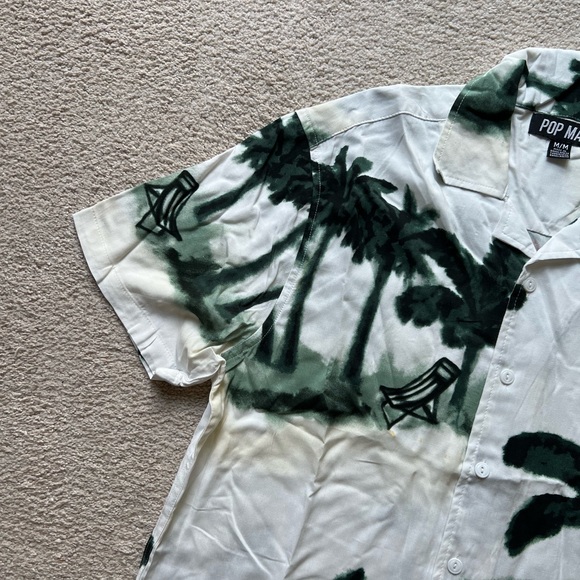 Pop Man Men's Short Sleeve Button Up Shirt Palm Tree Beach Print Green Cream M - Picture 6 of 9